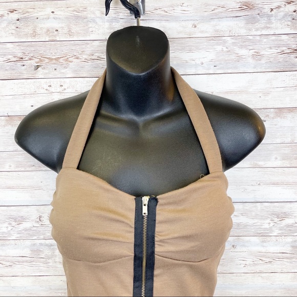 WINDSOR Brown Sweatheart Neckline Zipper Front Halter Crop Trop - Picture 2 of 8